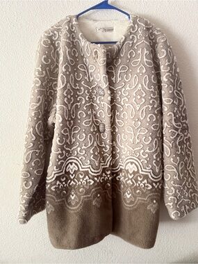 Norm‎ Thompson Taupe and Cream Patterned Fleece Cardigan Jacket size L